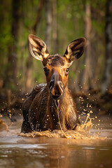 Playful Young Moose Splashing in a Muddy Pond  