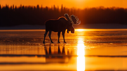 Silhouette of Moose on Frozen Lake at Sunset  