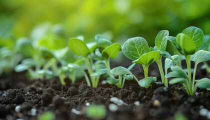 Close-up view of young seedlings emerging from rich, dark soil in a garden, symbolizing growth and new beginnings.
