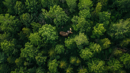 Aerial View of Moose in Lush Green Forest Wilderness  