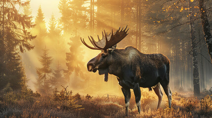 Majestic Moose in Misty Dawn Light - Serene Forest Scene  