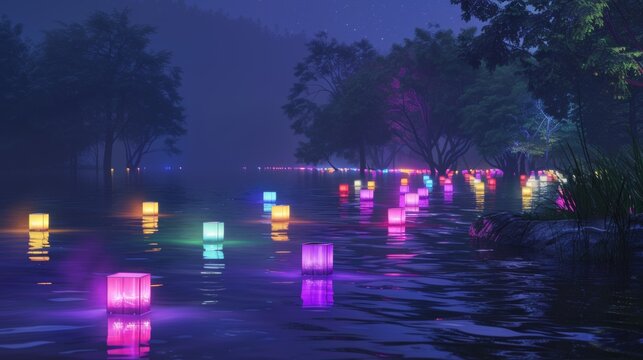 A serene lake with floating lights that change colors to represent the transgender and non-binary flags, symbolizing light and guidance on the path to visibility and acceptance. The night setting
