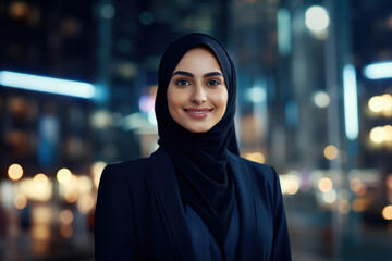 Beautiful muslim woman wearing hijab, blouse smiling