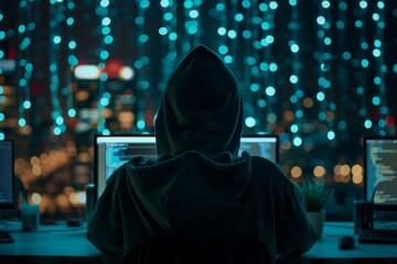 Hacker Typing in a Blue Neon Cybersecurity Setting