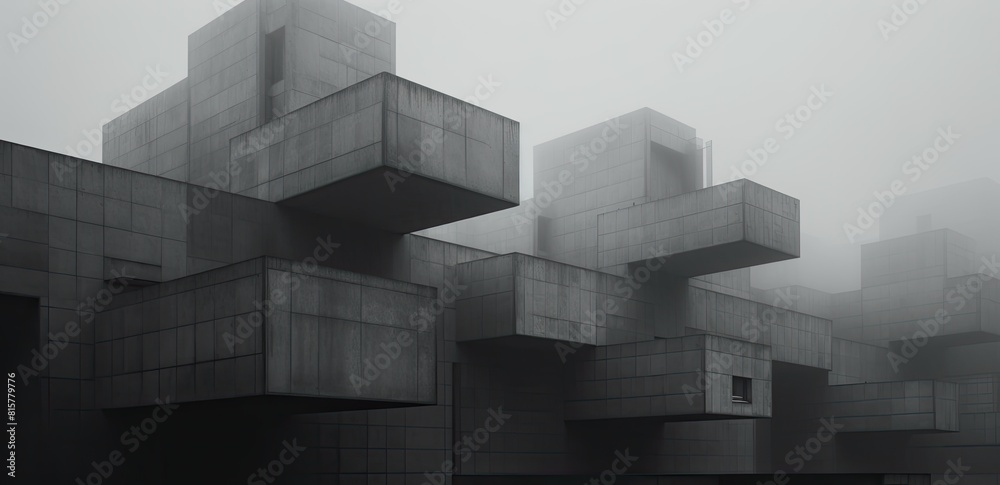 Wall mural Misty Monolith: Gray Cube Block Building Amidst a Foggy Sky Background - Wall murals