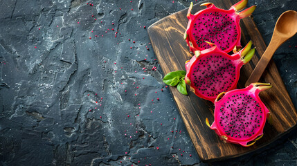 Board with tasty dragon fruit and spoon on dark background