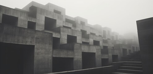 Fototapeta premium Misty Monolith: Gray Cube Block Building Amidst a Foggy Sky Background