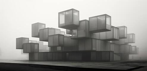 Misty Monolith: Gray Cube Block Building Amidst a Foggy Sky Background