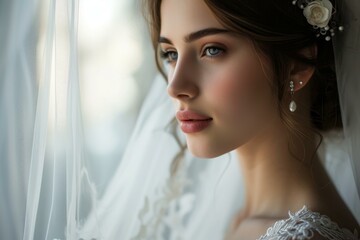 Close-up of a graceful bride with delicate makeup, gazing softly beside a window