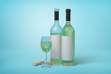 White wine bottles and glass with corkscrew