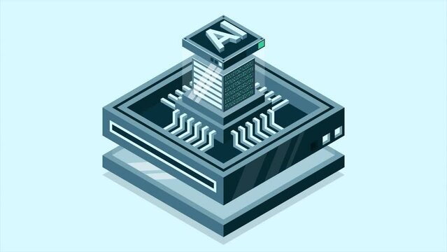 Artificial intelligence micro chip animation. Quantum computing. Artificial intelligence computer. Isometric machine programming. 4K video animated in isometric style