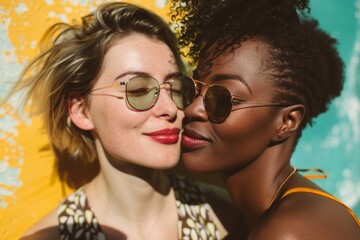 Obraz premium Lesbian couple smiling on pastel background. Young attractive caucasian and african american woman feeling love. Happy lesbian multiethnic couple. Ethnic friends. Freedom and pride LGBT people concept