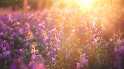 Field of purple flowers under gentle morning sunlight