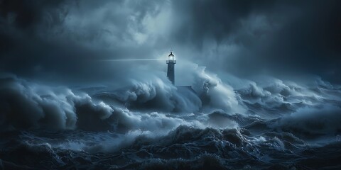 A lighthouse standing tall amidst the tumultuous waves of an intense storm, its beam illuminating a...