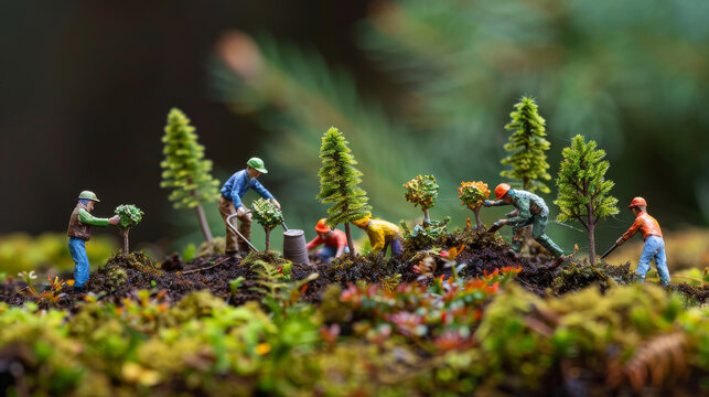 A group of miniature figures planting and watering trees on a vibrant bed of moss, illustrating reforestation in detail
