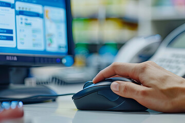 Close-up of a mouse and a hand, with the computer screen showing a purchasing interface and a digital cart filling up