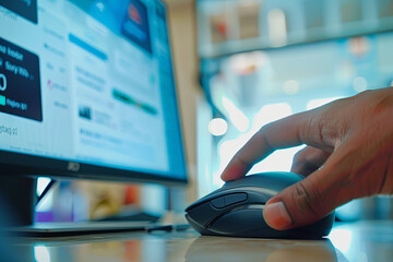 Close-up of a mouse and a hand, with the computer screen showing a purchasing interface and a digital cart filling up