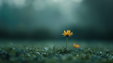 Lonely yellow flower in meadow green grass field blurred forest background cloudy day - Powered by Adobe
