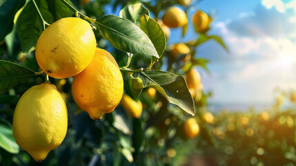 A close-up view of a lemon tree laden with ripe yellow fruits against a backdrop of blue sky and sunshine, symbolizing the abundance and vitality of summer harvests.