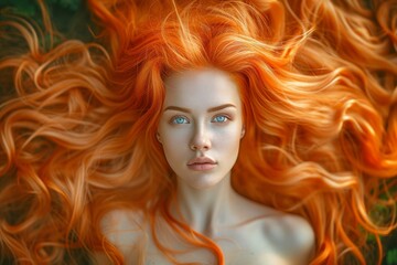 Stunning portrait of a woman with fiery red hair and captivating blue eyes