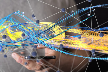 abstract lines with dots over dark background.