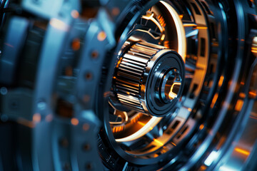 Fototapeta premium Detail of an electric motor with a zoom effect that highlights the advanced components and efficient design, conveying a sense of power and innovation