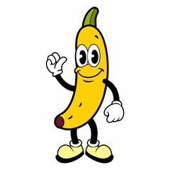 retro cartoon banana character. Vintage vector illustration. Nostalgia for the 70s, 80s