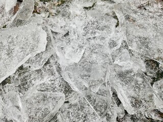 Stunning closeup of shattered ice on the ground. Beautiful winter background.