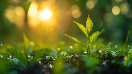 Obraz premium small green plant in green grass on soft sunlight background, environmental conservation, Earth day