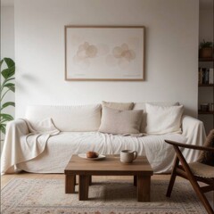 A mockup of an empty blank wooden frame on the wall in cozy living room, wooden coffee table and sofa with beige fabric cover, wooden floorboard