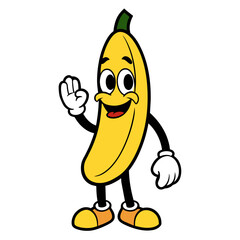 banana character waving retro cartoon hand. Vintage vector illustration. Nostalgia for the 70s, 80s