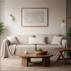 A mockup of an empty blank wooden frame on the wall in cozy living room, wooden coffee table and sofa with beige fabric cover, wooden floorboard