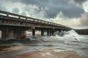 Floodwaters from hurricane storm surge meet near bridge AI Generative