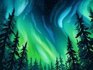 Aurora borealis creating colorful spectacle, Lush green auroral lights dance across night sky, swirling above dense, dark pine forest, creating mystical serene atmosphere in remote wilderness setting.