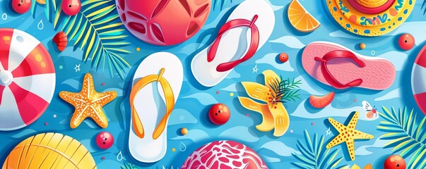Colorful summer clipart collection including flip flops, beach balls, and sun hats, arranged in a fun pattern for swimwear fabric designs
