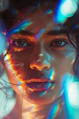 cute indian  young girl face  portrait studio close up with rainbow lights on her