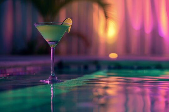 romantic view of elegant cocktails on the edge of swimming pool, night life, 80s aesthetics, purple, green, red palette