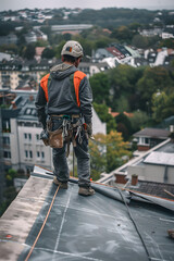 Professional Roofer on top of Modern Residential Building