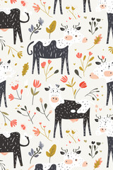 Cheerful Seamless Pattern with Cow, Grass, and Milk Packages on White Background