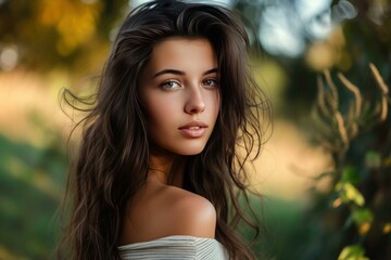 Naklejka premium Radiant Beautiful young brunette lady with long modern haircut. Feminine vogue dark haired model portrait. Generate ai