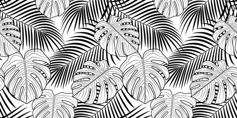 Vector pattern, background on a transparent layer - tropical forest. Palm leaves and monstera leaves.