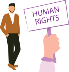 Boy looking at human right board.