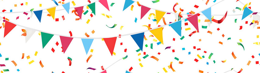 birthday flag line on a white background - background with confetti - Seamless tile. Endless and repeat print.