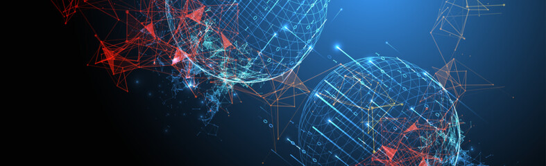 Big data numeric Sphere  theme with connected lines in technology style background.  Abstract 3d grid design.