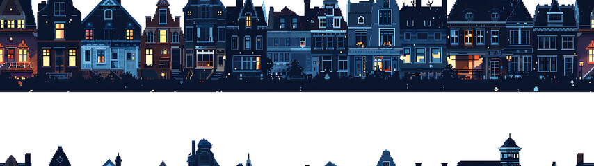 8-Bit Victorian row of Houses at Night - Seamless tile. Endless and repeat print.