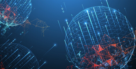 Big data numeric Sphere  theme with connected lines in technology style background.  Abstract 3d grid design.