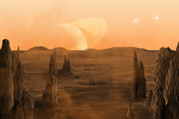 sunset landscape on an alien world, outer space fantasy world with mysteries HD wallpaper, pc...