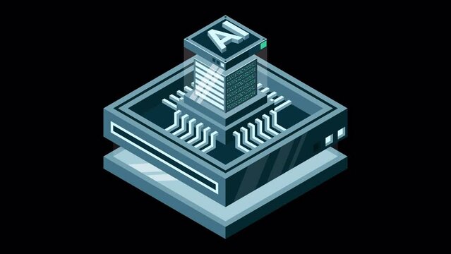 Artificial intelligence micro chip animation. Quantum computing. Artificial intelligence computer. Isometric machine programming. Transparent background with alpha channel