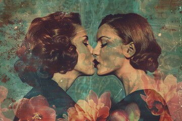 Young lesbian couple kissing. Contemporary art collage. Pop art retro style. Pride Month, Pride Day...