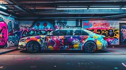 A car covered in colorful graffiti art parked at an urban outdoor parking lot